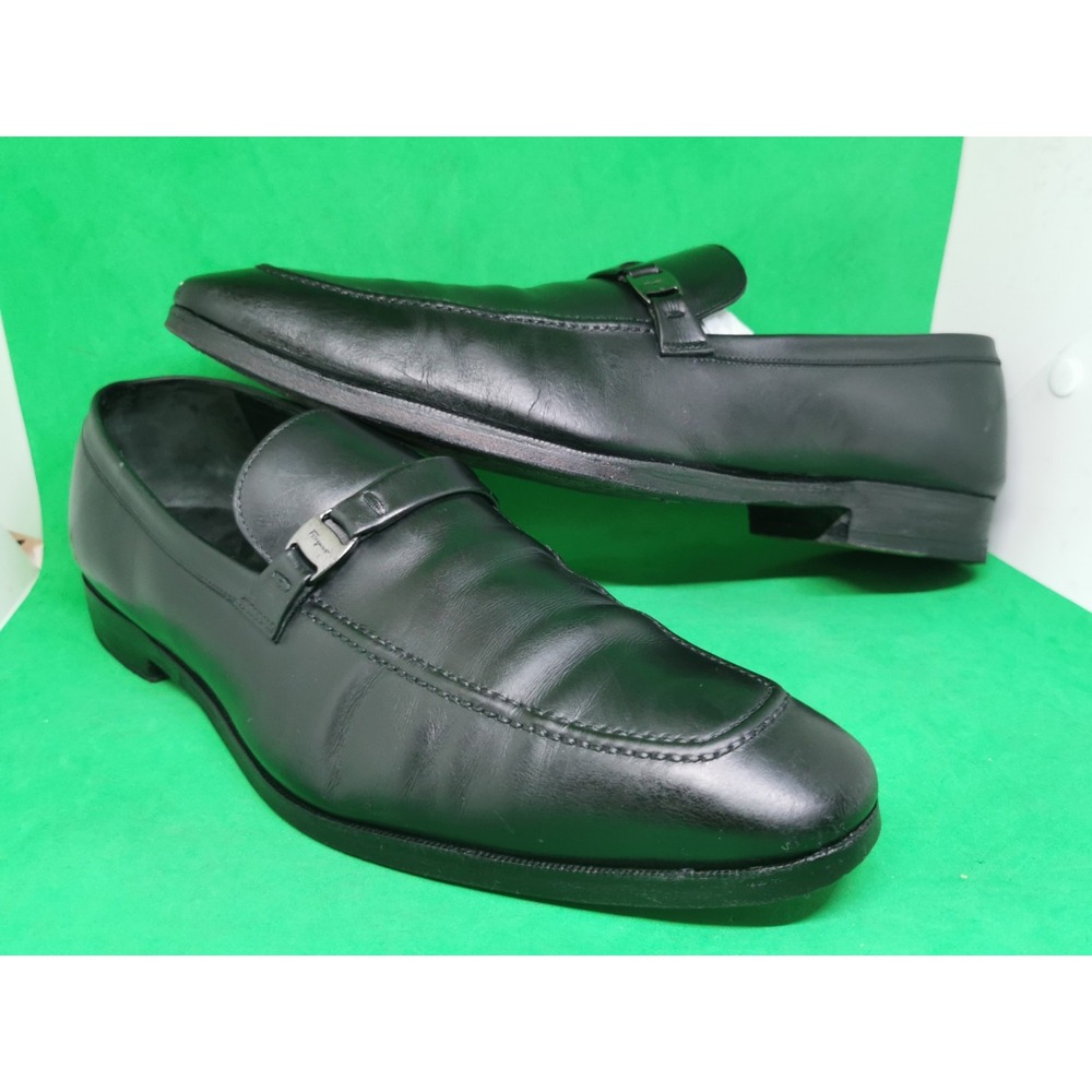 Salvatore Ferragamo Mens Black Leather Pinot Side Buckle Loafers 13 D UG70243